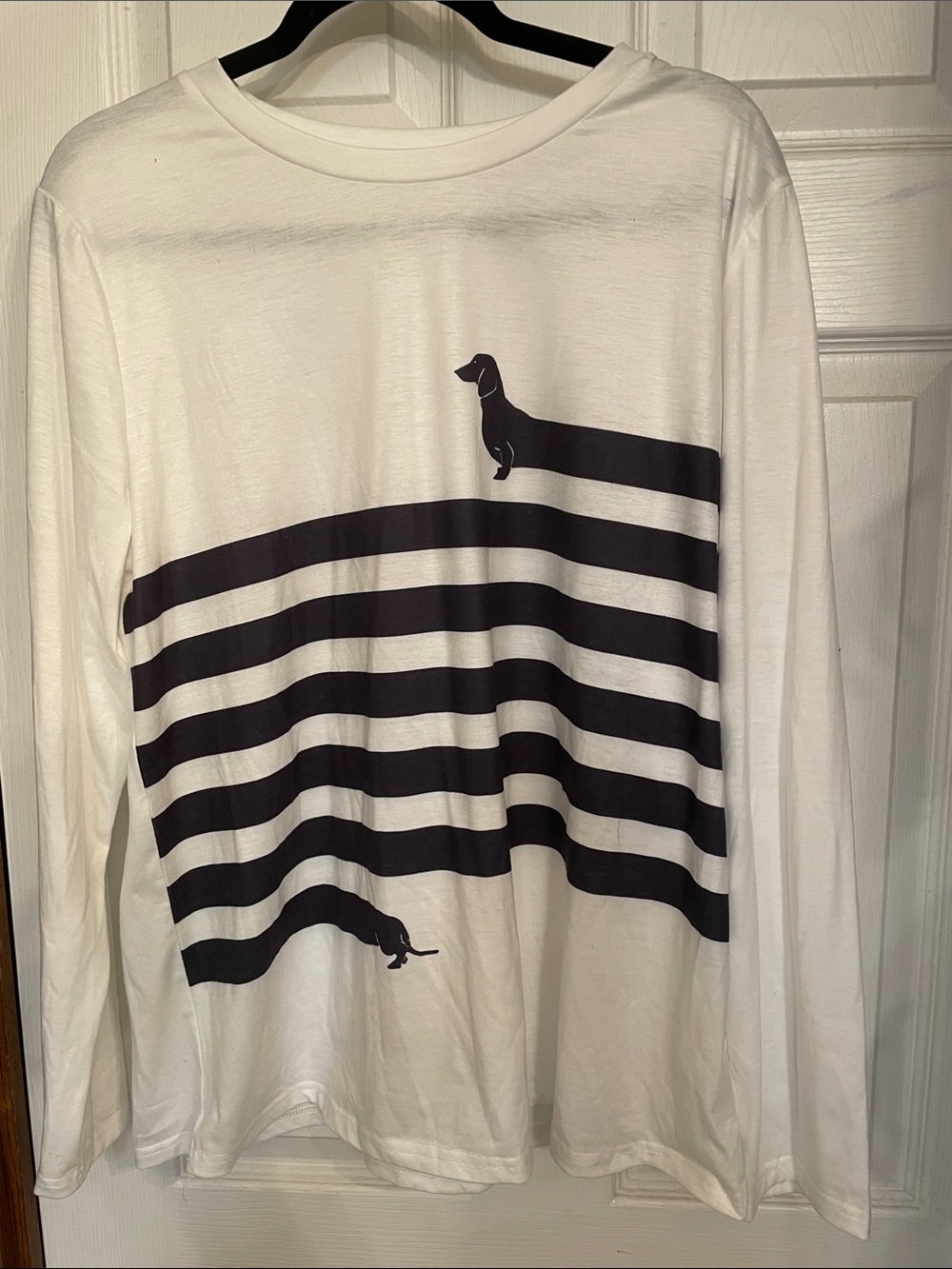 Source Unknown White Long-Sleeve Tee with Black Stripes and Dachshund Graphics